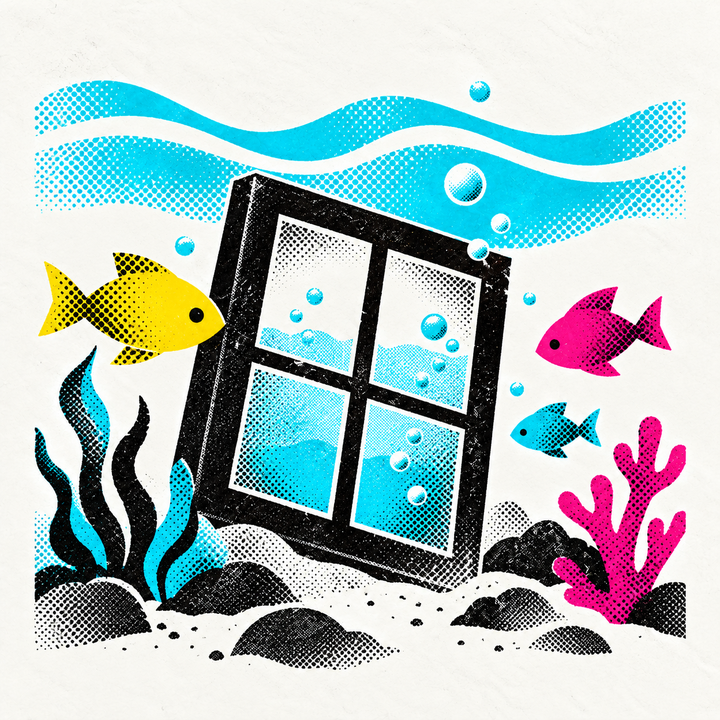 Ein Fenster befindet sich in einer Unterwasserwelt.
