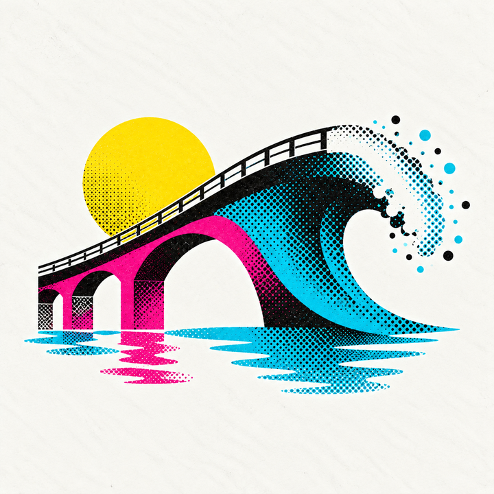 Eine Brücke verschmilzt mit einer großen Welle.